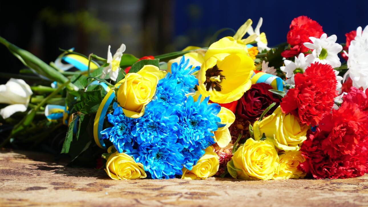 Flowers at the memorial service. Ukrainian colors.