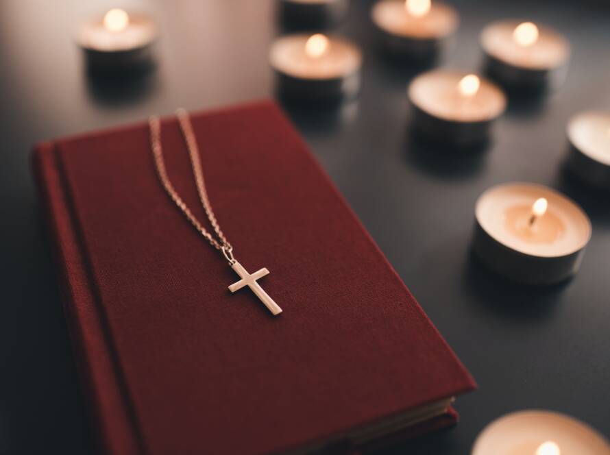 Religious cross on bible with candles